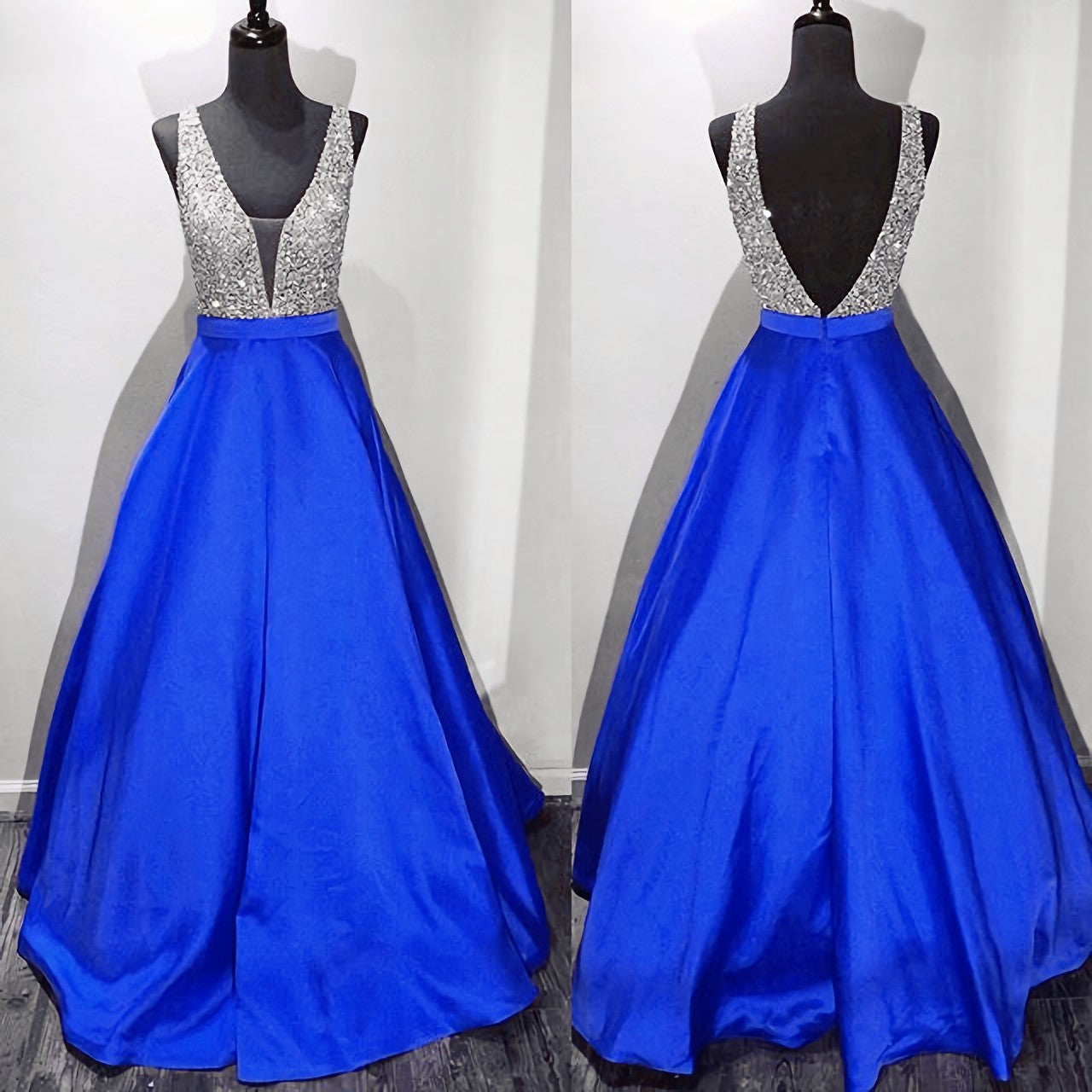 New Arrival Prom Dress, Modest Prom Dress, Long Satin V Neck Royal Blue Prom Dresses, Ball Gowns 2024