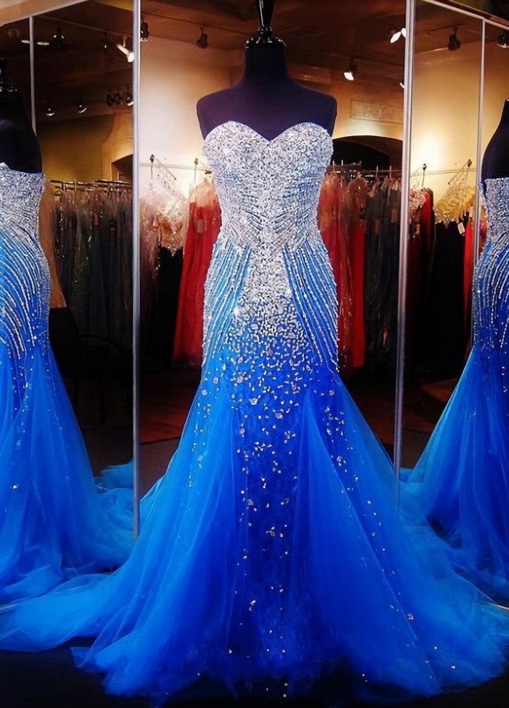 Royal Blue Prom Dresses, Royal Blue Prom Dress, Silver Beaded Formal Gown Mermaid Beadings Prom Dresses, Evening Gowns Tulle Formal Gown For Senior Teens