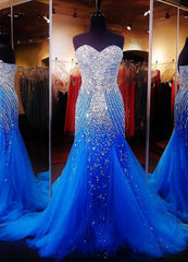 Royal Blue Prom Dresses, Royal Blue Prom Dress, Silver Beaded Formal Gown Mermaid Beadings Prom Dresses, Evening Gowns Tulle Formal Gown For Senior Teens