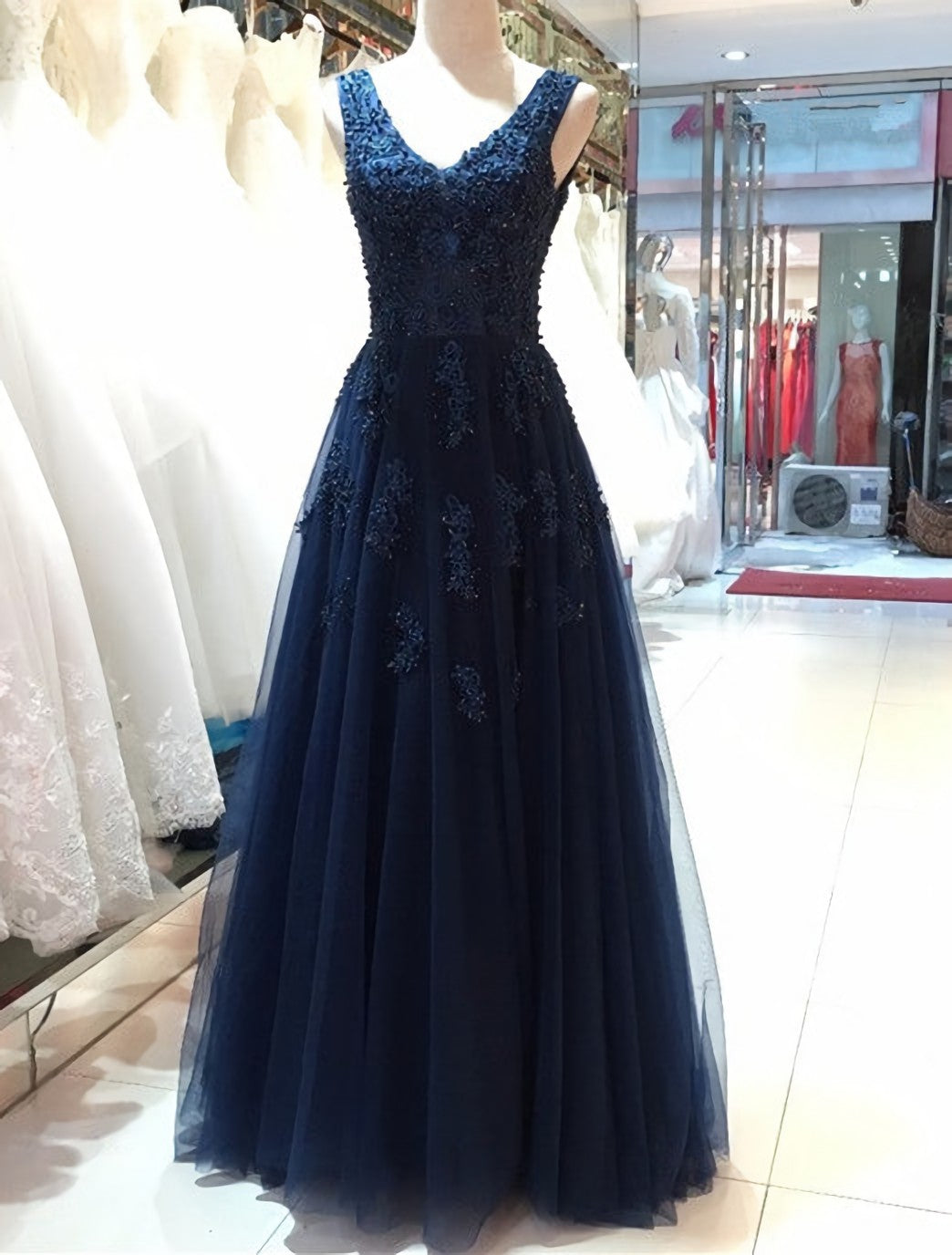 Elegant Navy Blue Tulle Backless Floor Length Prom Dresses, Party Gowns Evening Dresses, Navy Blue Formal Dresses