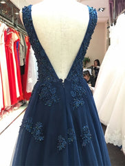 Elegant Navy Blue Tulle Backless Floor Length Prom Dresses, Party Gowns Evening Dresses, Navy Blue Formal Dresses