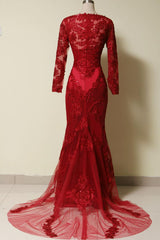 Elegant Long Sleeves Red Lace Mermaid Prom Dress, 2024 Party Dress, Evening Dress, 2024