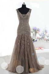 Mermaid Lace Up Brown Tulle Modest Beading V Neck Prom Dresses