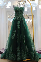 Sweetheart Long Lace Green Sweep Train Lace Up Prom Dresses