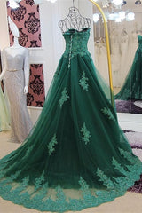 Sweetheart Long Lace Green Sweep Train Lace Up Prom Dresses