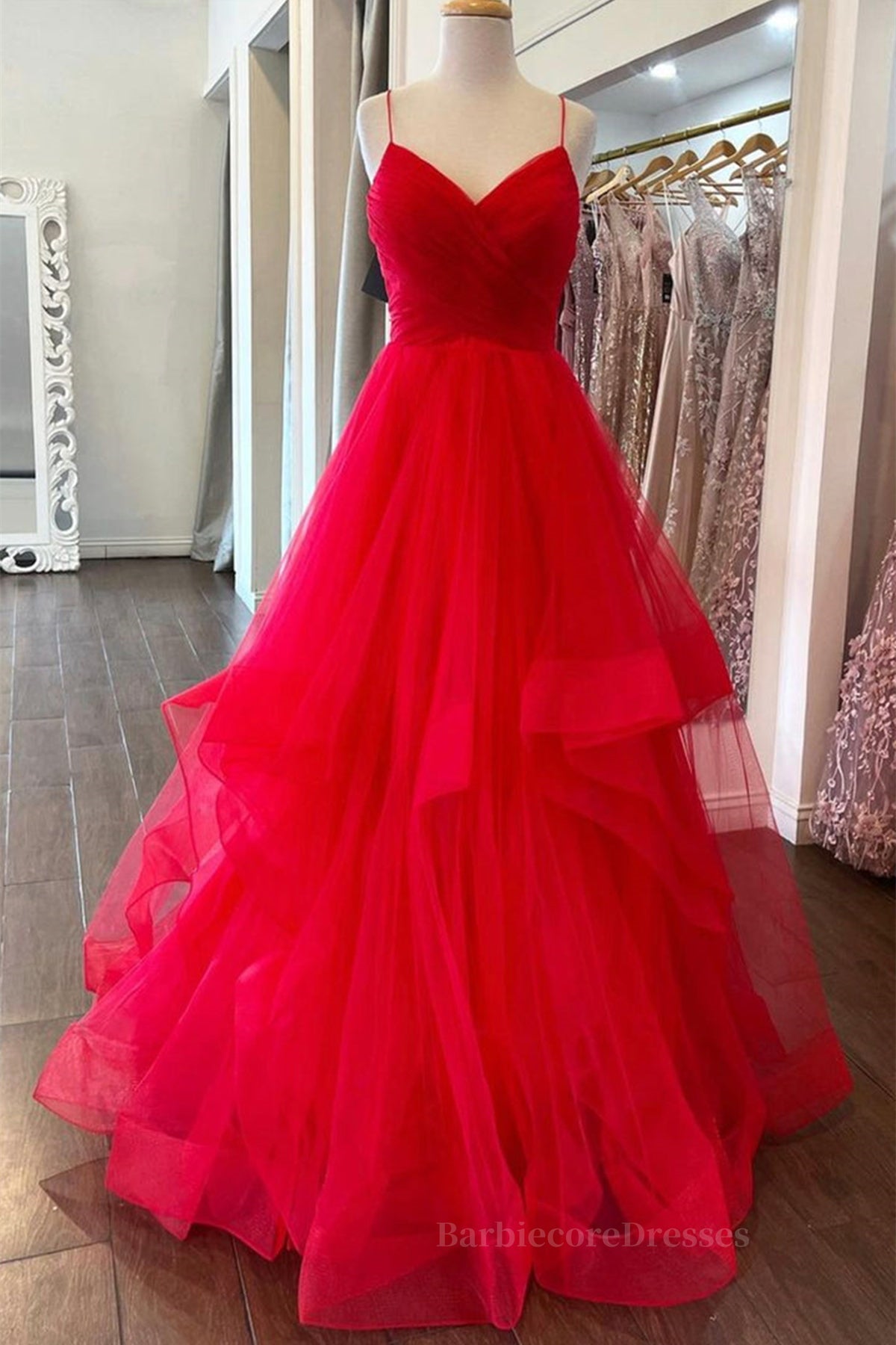 Puffy Red Tulle V Neck Long Prom Dresses, V Neck Red Formal Dresses, Red Evening Dresses