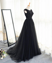 Black A Line Tulle Lace Long Prom Dress, Evening Dress