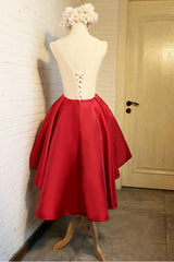 A Line Red Appliques Lace High Low Lace Up Satin Scoop Homecoming Dresses