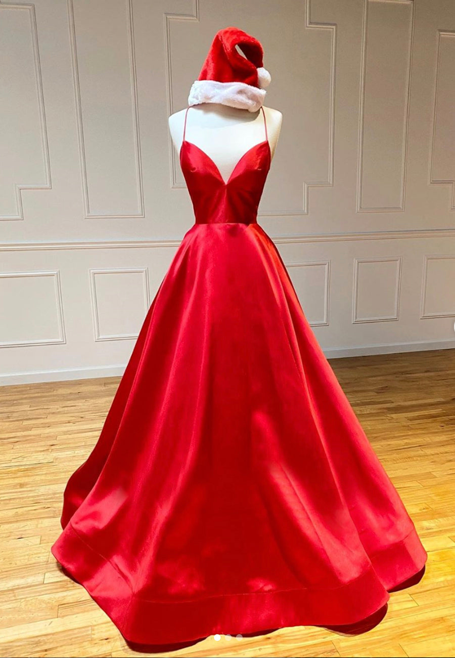 Red Satin Long Prom Dresses, Simple A-Line Evening Dresses