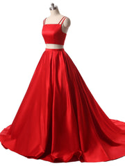 Red Two Pieces Satin Long Prom Dress, Red Satin Formal Evening Dress