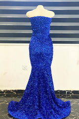 Royal Blue Sequins Strapless Mermaid Long Prom Dress