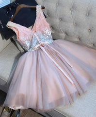 Cute Pink V Neck Tulle Seqsuins Short Prom Dress, Cocktail Dress