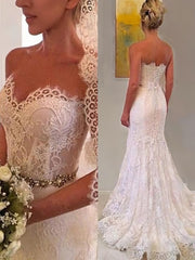 Sheath/Column Sweetheart Sweep Train Lace Wedding Dresses With Beading