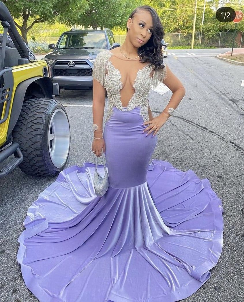 Shinning purple mermaid prom dress with train