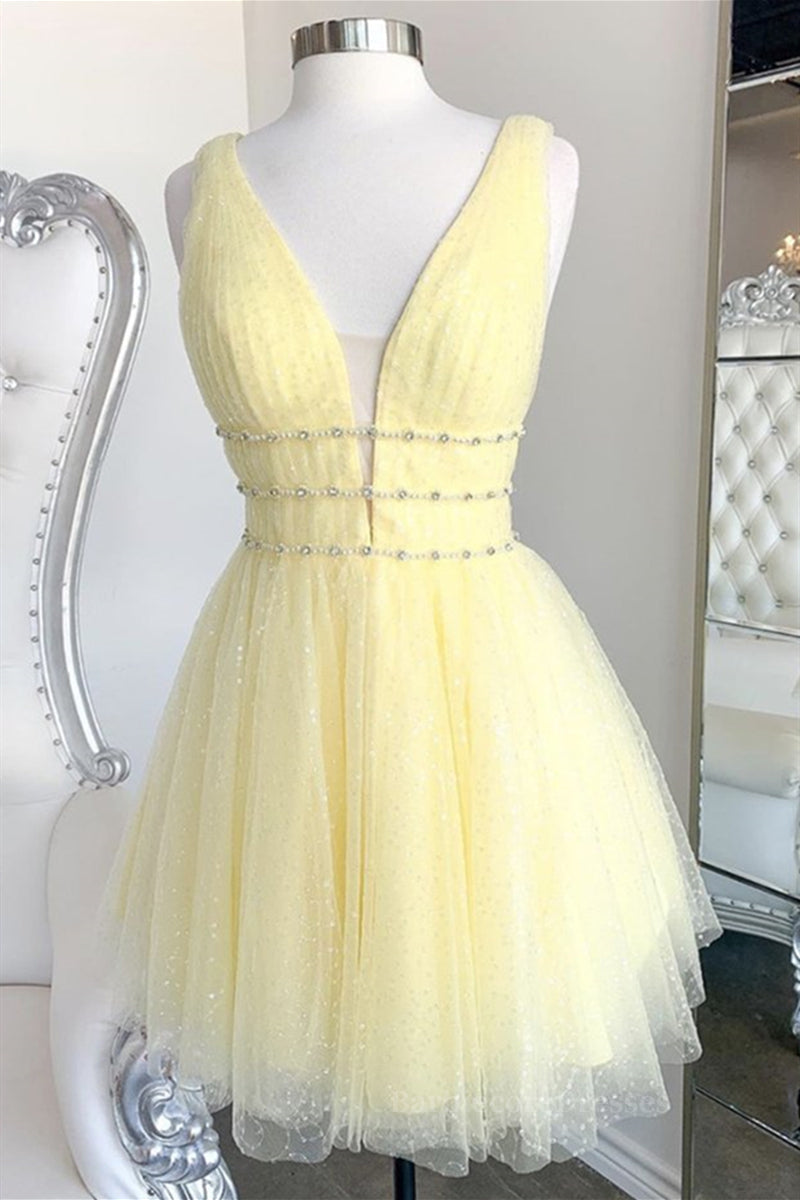 Shiny V Neck Open Back Yellow Tulle Short Prom Dress, V Neck Yellow Formal Graduation Homecoming Dress