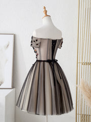 Cute Tulle Short Prom Dress with Flowers, Black Tulle Party Dress