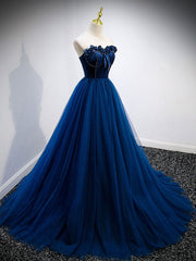 Simple A Line Blue Tulle Long Prom Dress, Blue Tulle Formal Dress