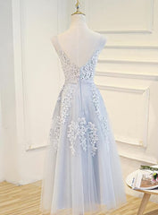 Simple Pretty Light Grey Tea Length Prom Dress, Tea Length Bridesmaid Dress