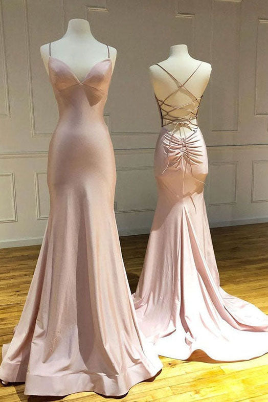 Pink Spaghetti Straps Mermaid Long Prom Dress, Simple Formal Gown