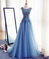 Blue A Line Tulle Lace Long Prom Dress, Evening Dress