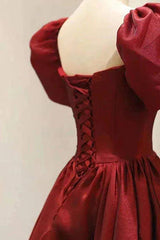 Burgundy A Line Long Prom Dress with Short Sleeves, New Party Gown