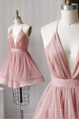 V Neck Pink Short Prom Dresses, Pink Homecoming Dresses, Short Pink Formal Evening Dresses